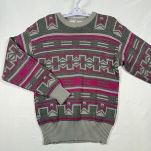 Vintage Sun Valley Pure Virgin Wool Sweater Womens Medium Geometric Pink Gray